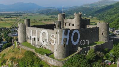 Aerial Of Harlech Castle, Harlech, Gwynedd, North Wales - Video Drone Footage