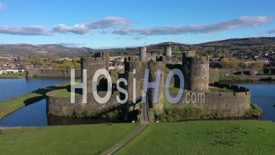 Caerphilly Castle, Caerphilly, Glamorgan, Wales, United Kingdom - Video Drone Footage