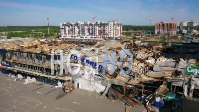2022 - Aerial Of A Shopping Mall Destroyed By Russian Rocket Attacks In Kyiv, Ukraine - Video Drone Footage