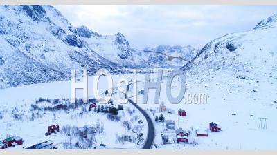 Isolated Homes Are Seen In Wintertime On The Lofoten Islands, Norway - Video Drone Footage