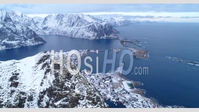 An Aerial View Shows The Snow-Covered Lofoten Islands Of Norway - Video Drone Footage