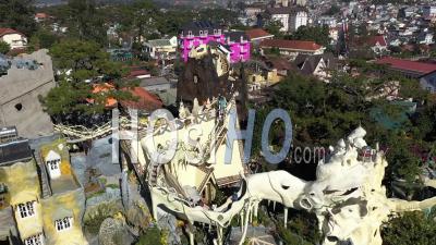 Tourists Explore The Crazy House Of Dalat, Vietnam - Video Drone Footage