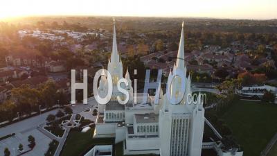 Beautiful Aerial Over The Spires Of The Mormon Temple In La Jolla, San Diego, California - Video Drone Footage