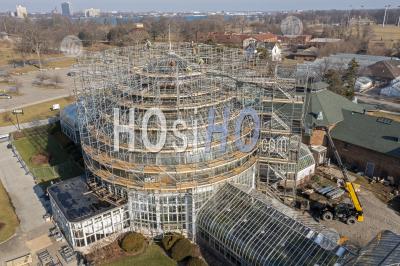 Workers Erect Scaffolding On Belle Isle Conservatory Dome - Aerial Photography