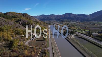 Edf Canal In Sisteron (durance) And A51 Motorway In Autumn, Viewed From Drone