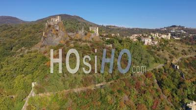 Village And Castle Of Rochemaure, Rhone Valley, Ardeche, France - Drone Point Of View