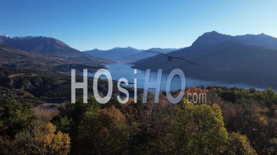 Serre-Ponçon Lake In Autumn, Hautes-Alpes, France, Viewed From Drone