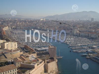 General View Of The Old Port, With The Fort-Saint-Jean, Marseille, Bouches-Du-Rhone, France - Aerial Photography