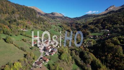 Le Bouchet-Mont-Charvin, Mountain Village In Autumn, Savoie, France, Viewed From Drone