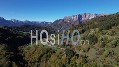 Mountain Landscape In Val De Chaise In Autumn, Savoie, France, Viewed From Drone