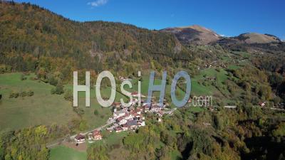 Le Bouchet-Mont-Charvin, Mountain Village In Autumn, Savoie, France, Viewed From Drone