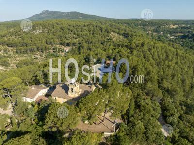 Notre-Dame-Des-Graces Church In Cotignac Village, Provence, France - Aerial Photography