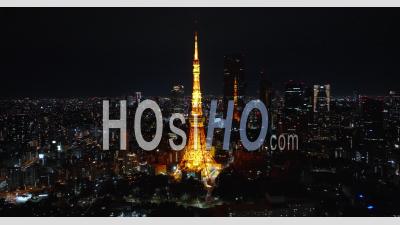 Aerial Of Tokyo Tower At Night - Video Drone Footage