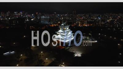 Osaka Castle At Night In Japan - Video Drone Footage