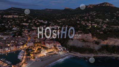 Calanques National Park, Cassis Village, Its Port And The Grande Beach Sea By Night, Bouches-Du-Rhone, France - Aerial Photography