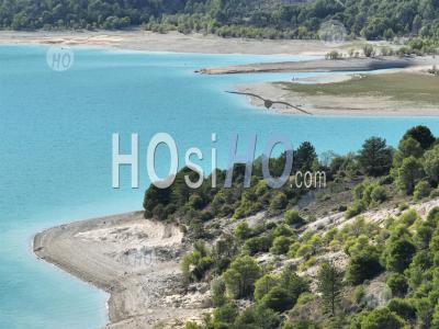 Lower Water Levels In The Lake Sainte Croix, Verdon Regional Nature Park, During The 2022 Drought, Var, France - Aerial Photography