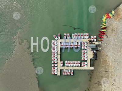 Top View Of Pedal Boats And Kayaks For Rent Docked On The Sainte Croix Lake, Verdon Regional Nature Park, Var, France - Aerial Photography