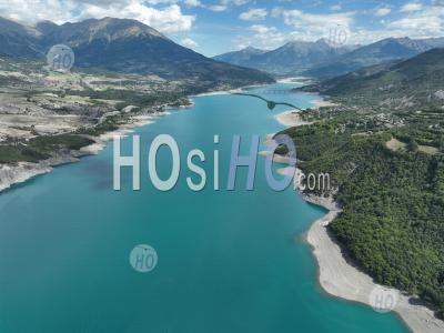The Serre-Poncon Lake At Pontis Towards Sauze-Du-Lac, Hautes-Alpes, France - Aerial Photography