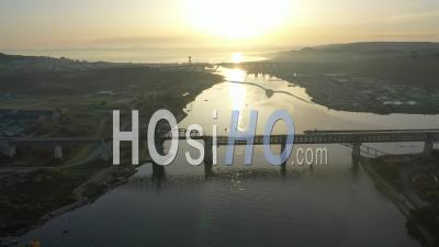 Martigues, Caronte Channel, Caronte Viaduct And Its Swing Bridge At Sunrise, Bouches-Du-Rhone, France - Video Drone Footage