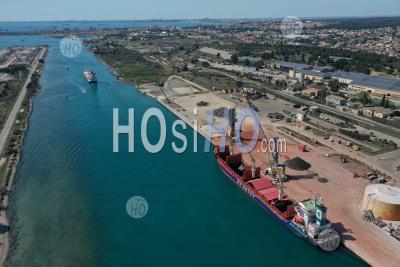 Seaport And Cargo Ships, Caronte Channel, Martigues, Bouches-Du-Rhone, France - Aerial Photography