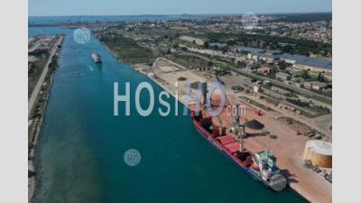 Seaport And Cargo Ships, Caronte Channel, Martigues, Bouches-Du-Rhone, France - Aerial Photography