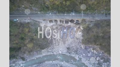 Roya Valley, Fontan, Work To Support A Wall Carrying A Railway Bridge, Alpes-Maritimes, France - Aerial Photography