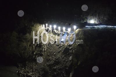 Roya Valley, Fontan, Former Railway Station And Railway Track Along The Torrent Of Bieugne By Night, Alpes-Maritimes, France - Aerial Photography