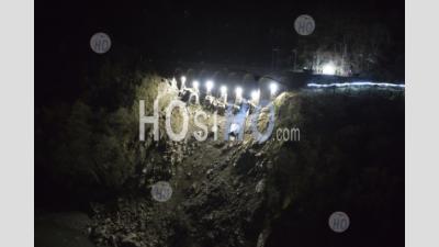 Roya Valley, Fontan, Former Railway Station And Railway Track Along The Torrent Of Bieugne By Night, Alpes-Maritimes, France - Aerial Photography