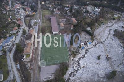 Roya Valley, Saint Dalmas-De-Tende, Old Station Works Along The Bieugne Torrent, Alpes-Maritimes, France - Aerial Photography
