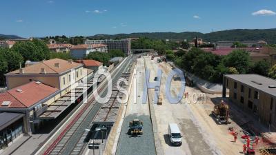 Refurbishment Work On The Railway Track At Aix En Provence Station, Bouches-Du-Rhone, France - Video Drone Footage