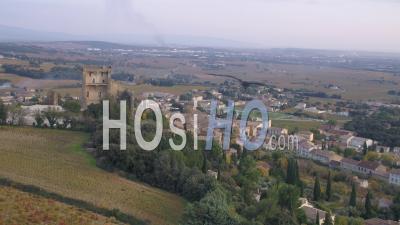 The Chateauneuf-Du-Pape Vineyard In Autumn And The Chateau Of L'hers, Chateauneuf-Du-Pape, Vaucluse, France - Video Drone Footage