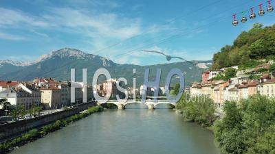 Grenoble Cable Car Passing Over The River Isere, France, Drone Point Of View