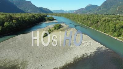 Isere River, Downstream Of The Saint-Egreve Run-Of-River Power Station, Near Grenoble, France, Drone Point Of View