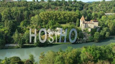 Garden Of Petrifying Fountains And La Sone Castle Overlooking The Isere River, France, Drone Point Of View