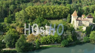 Garden Of Petrifying Fountains And La Sone Castle Overlooking The Isere River, France, Drone Point Of View