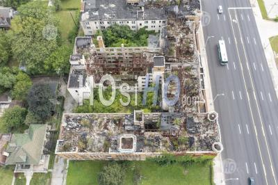 Abandoned And Burned Apartment Building - Aerial Photography