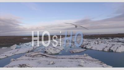 Sunset Over Jokulsarlon Glacier Lagoon 01 - Video Drone Footage