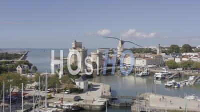 Drone View Of La Rochelle, The Old Port, Saint-Nicolas Tower, Chain Tower, Lantern Tower