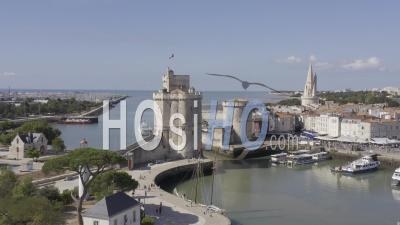 Drone View Of La Rochelle, The Old Port, Saint-Nicolas Tower, Chain Tower, Lantern Tower, In The Background Port Des Minimes