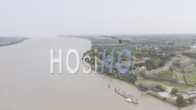 Drone View Of The Citadel Of Blaye And The Garonne River, In The Background The City