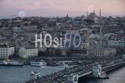 Turkey Istanbul View On Old City And Galata Bridge At Sunset - Aerial Photography