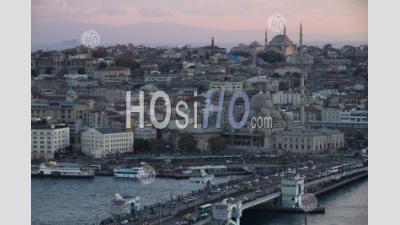 Turkey Istanbul View On Old City And Galata Bridge At Sunset - Aerial Photography