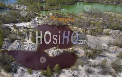 Colorful Lakes With Polluted Toxic Water In Abandoned Open Pit Mine. - Aerial Photography