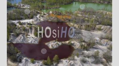 Colorful Lakes With Polluted Toxic Water In Abandoned Open Pit Mine. - Aerial Photography