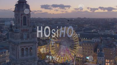 Christmas Wheel And Beffroi In Grand Place Of Lille At Sunset - Photo Drone 