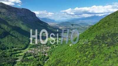 High Aerial View Of A Small Village In Spring In A Vercors Valley - Video Drone Footage