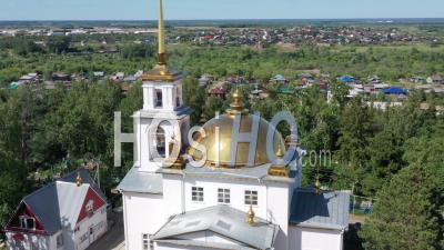 Holy Trinity Church Is An Orthodox Church In The City Of Irbit. View From Above. Russia - Video Drone Footage