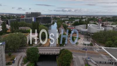 Parliament Of Strasbourg Seen From The River - Video Drone Footage