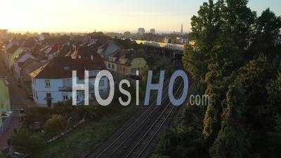 Sunrise Over Strasbourg With Highway And Cathedral - Video Drone Footage