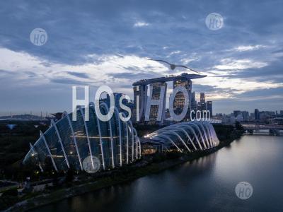  Flower Dome And Marina Bay Sands Buildings At Sunset, Singapore - Aerial Photography